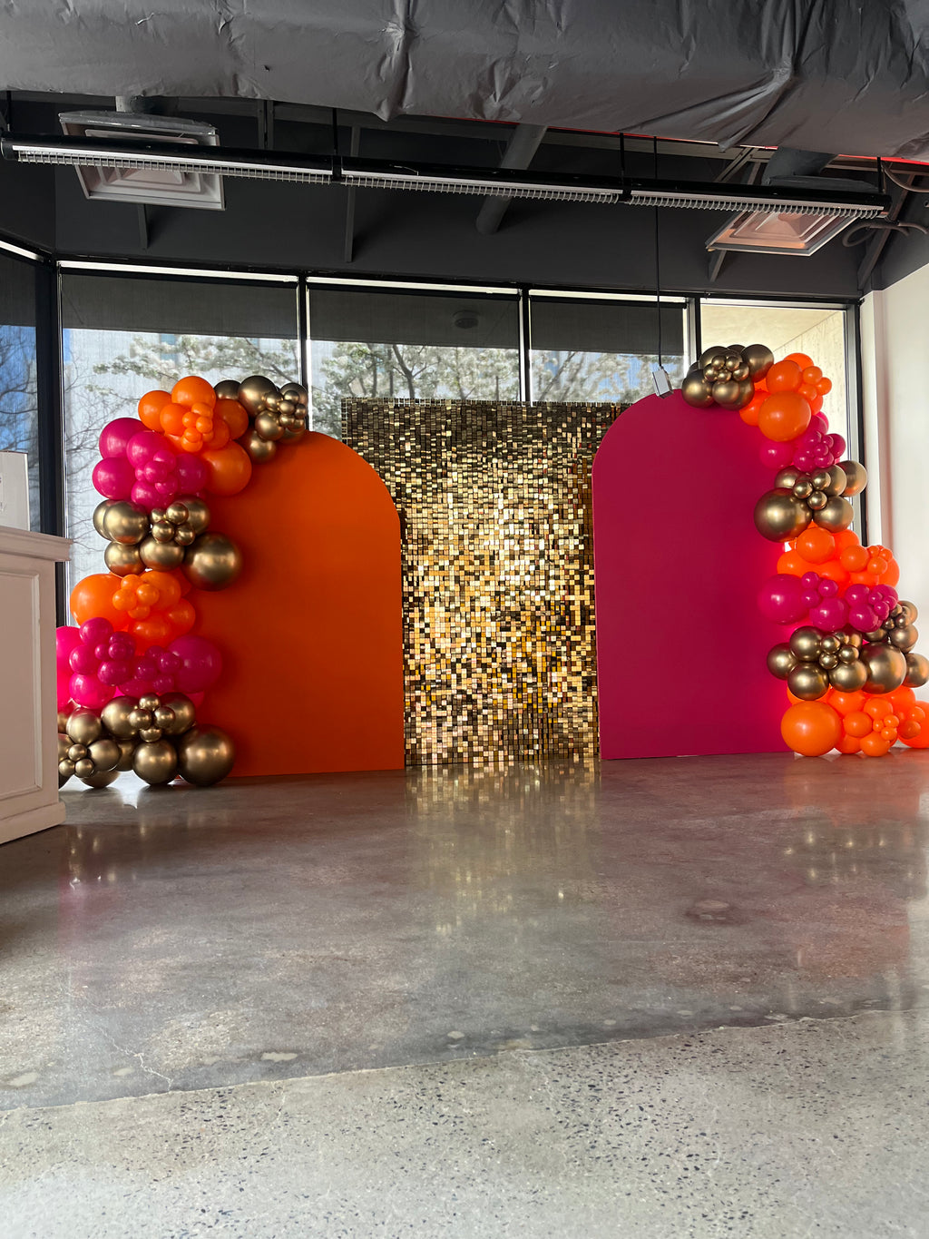 Double Arch Backdrop Rental with Shimmer Wall Rental and Balloon ...