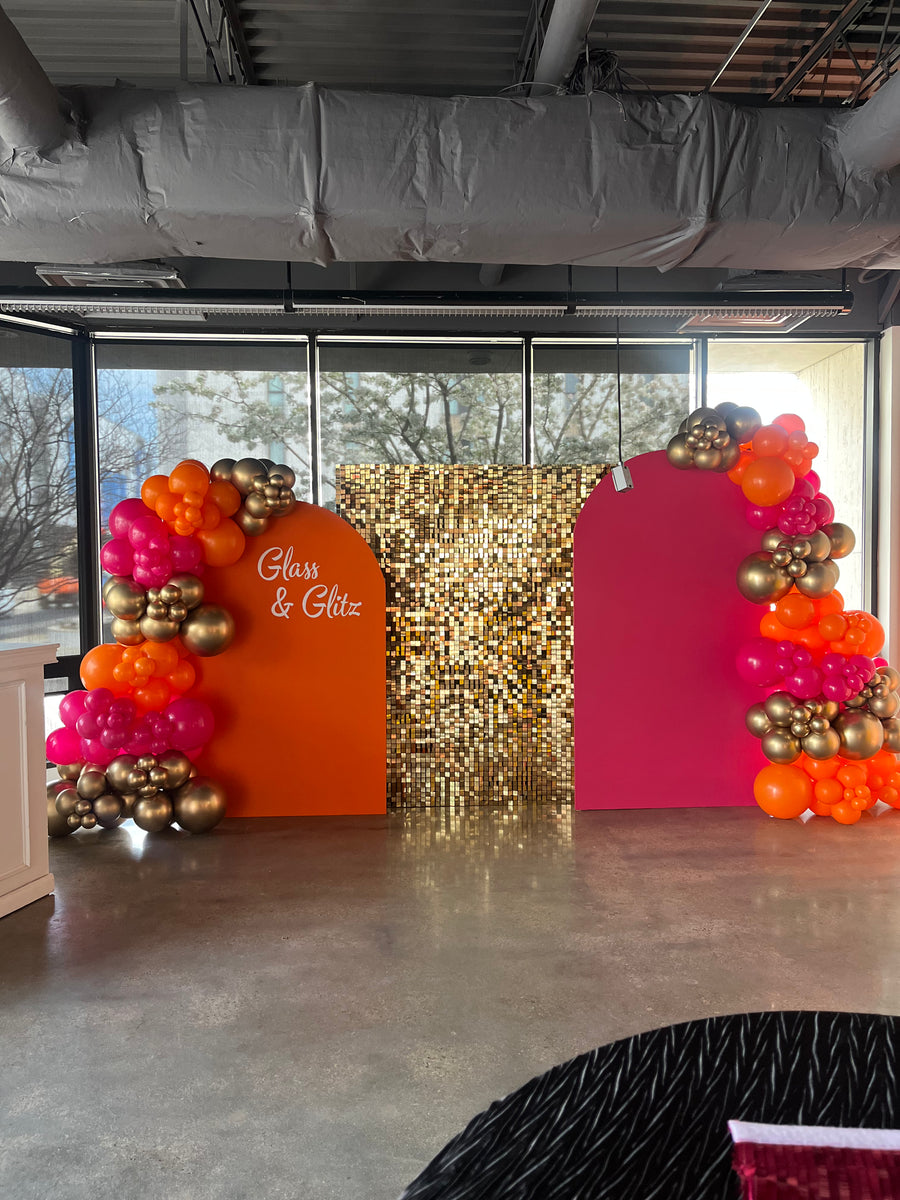 Double Arch Backdrop Rental with Shimmer Wall Rental and Balloon ...